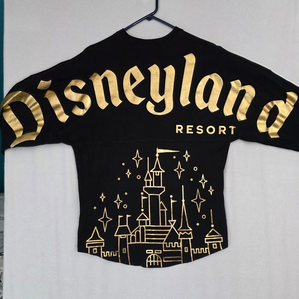 Disney Disneyland Resort Spirit Jersey XS Black Gold Foil Castle Oversized Shirt